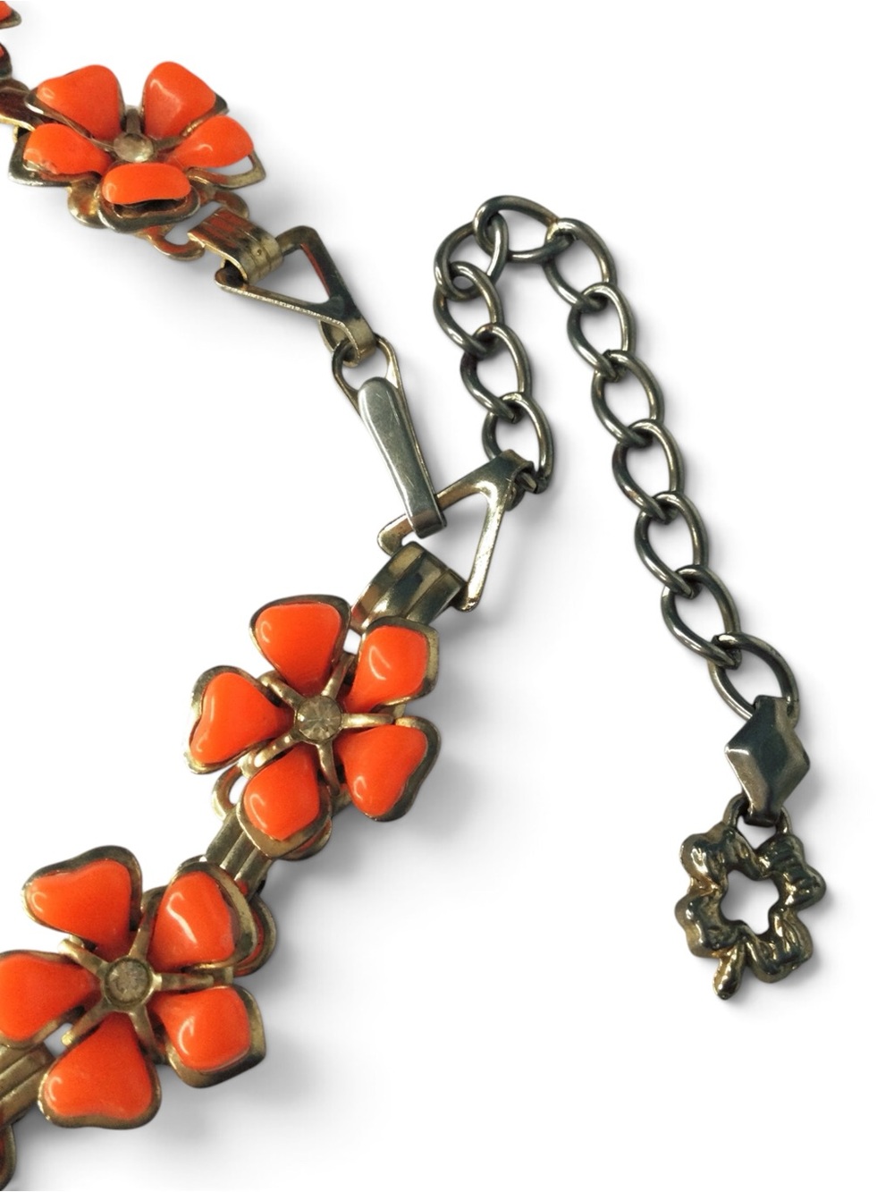 Vintage Orange Thermoset & Rhinestone Brass-Tone Floral Statement Necklace - Picture 12 of 14